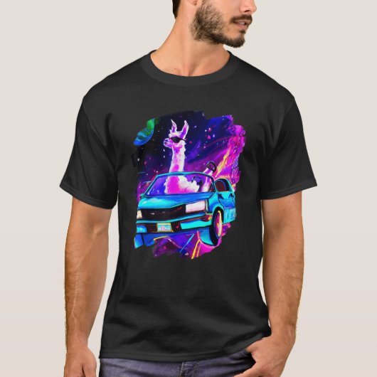 Cool Llama Driving Sports Car In Space Alpaca  Lla Tシャツ (正面)