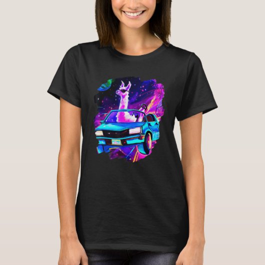 Cool Llama Driving Sports Car In Space Alpaca  Lla Tシャツ (正面)
