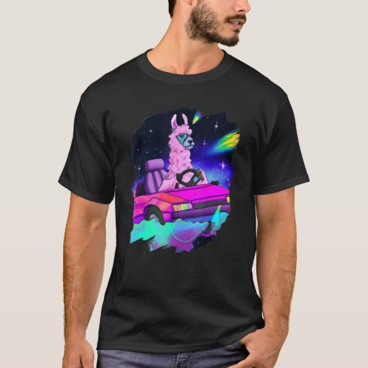 Cool Llama Driving Sports Car In Space Alpaca  Lla Tシャツ (正面)
