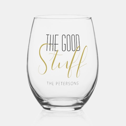 Cool Modern Elegant Good Stuff Gold Black Name ステムなしワイングラス (正面)