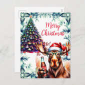 Cool Moose in Santa Hat シーズンポストカード (正面/裏面)