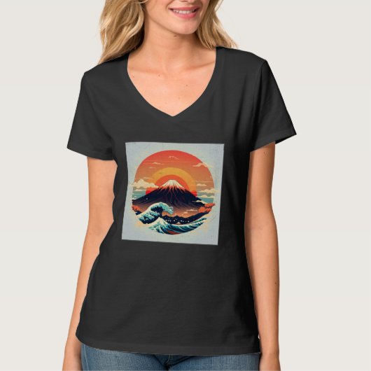 Cool Mt Fuji Big Waves Illustration Sea Sunset Wom Tシャツ (正面)