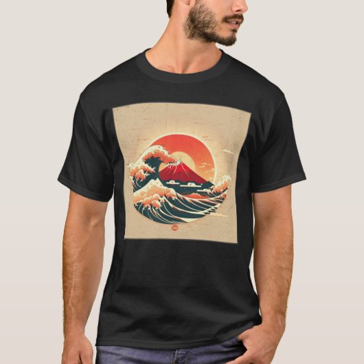 Cool Mt Fuji Big Waves Illustration Sea Sunset Wom Tシャツ (正面)