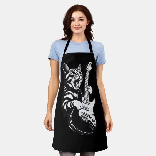 Cool Music Love | Rock Cat Playing Electric Guitar エプロン (着用した状態)