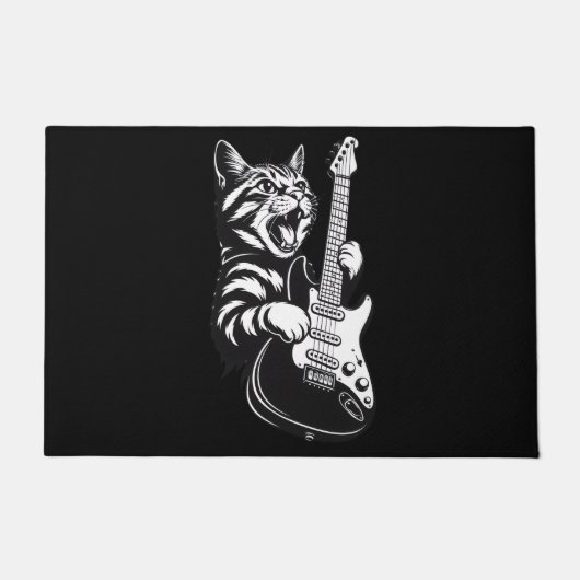 Cool Music Love | Rock Cat Playing Electric Guitar ドアマット (正面)