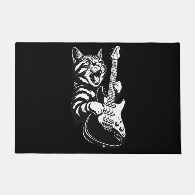 Cool Music Love | Rock Cat Playing Electric Guitar ドアマット (正面)