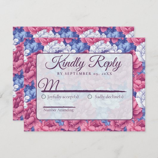 Cool Nature Peonies Flower Wedding 出欠カード (正面/裏面)