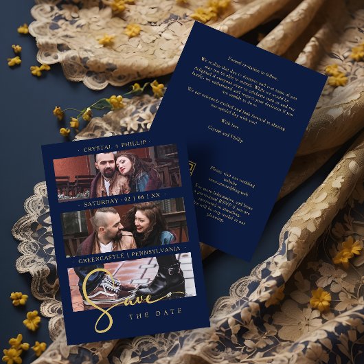 Cool Navy Golden Romantic Wedding 3 Multi Photos セーブザデート