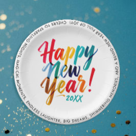 Cool New Years Eve Colorful Rainbow Brush Script ペーパープレート