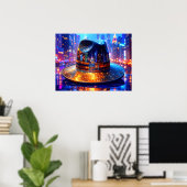 Cool New York City Hat in a NYC Street Nightscape ポスター (ホームオフィス)