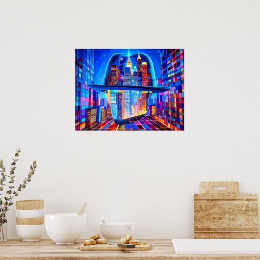 Cool New York City Hat on a NYC Skyscraper Balcony ポスター (キッチン)