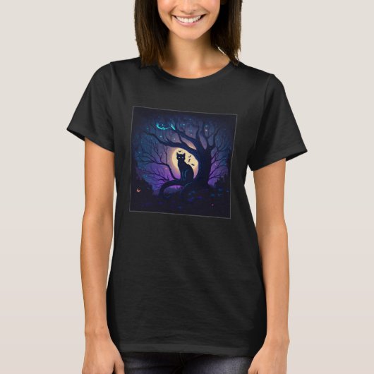Cool Night Cat Illustration Moon Tree Unique Women Tシャツ (正面)