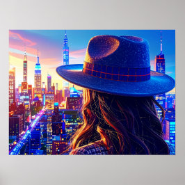Cool NYC Girl in Fedora Nightscape Buildings Art ポスター