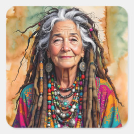 Cool Old Lady in Dread Locks Hippie Woman スクエアシール