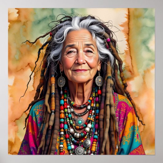 Cool Old Lady in Dread Locks Hippie Woman ポスター (正面)
