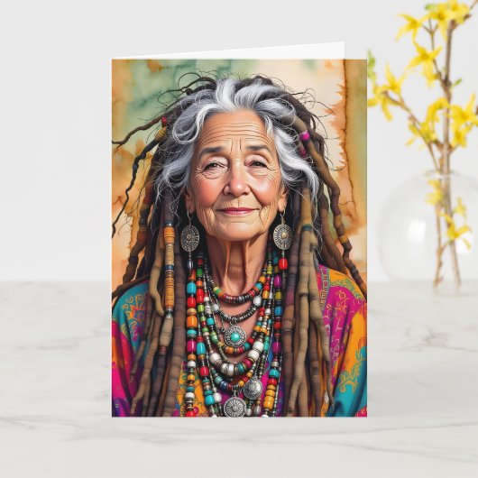 Cool Old Lady in Dread Locks Hippie Woman Birthday カード (黄色い花)