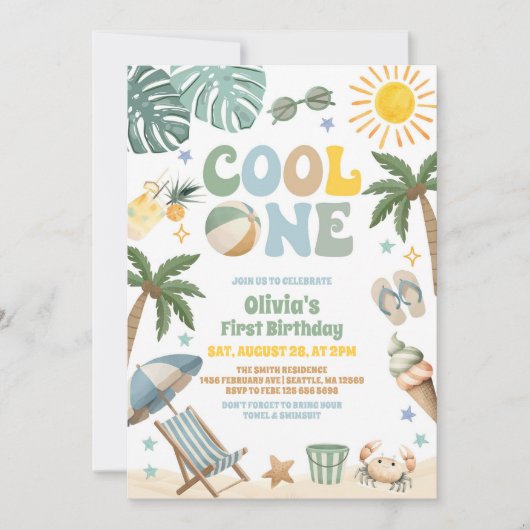 Cool One Summer Beach Party 1st Birthday  招待状 (正面)