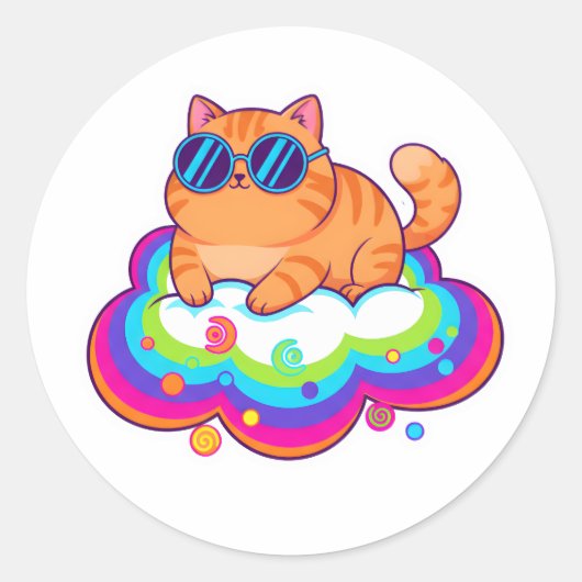 Cool Orange Cat Wearing Sunglasses on Rainbow Clou ラウンドシール (正面)