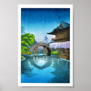 Cool oriental japanese Kameido Shrine lake rain ポスター