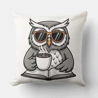 Cool Owl Reading With Coffee クッション