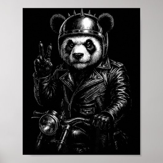 Cool Panda Punk Peace Sign Motorcycle  ポスター (正面)