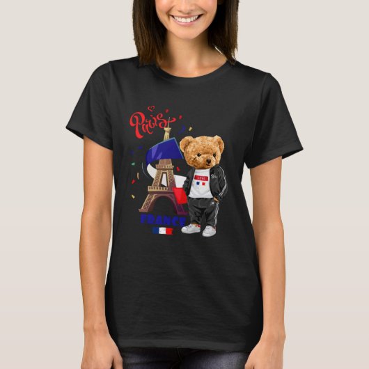 Cool Parisian Teddy Bear in Pari Eiffel Tower Outf Tシャツ (正面)