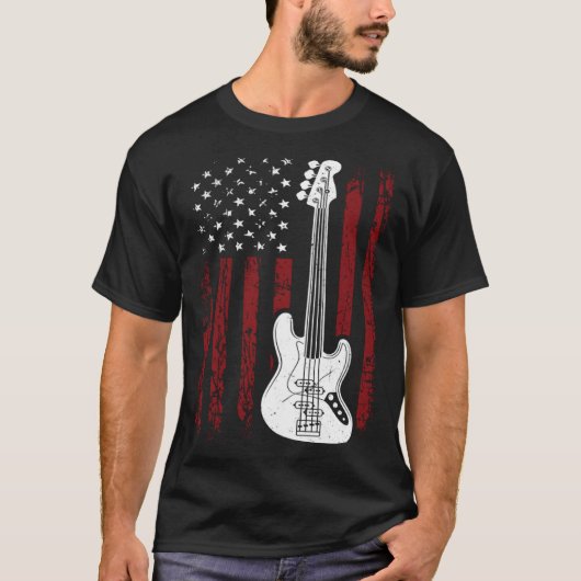 Cool Patriotic American Flag Bass Guitarist Guitar Tシャツ (正面)