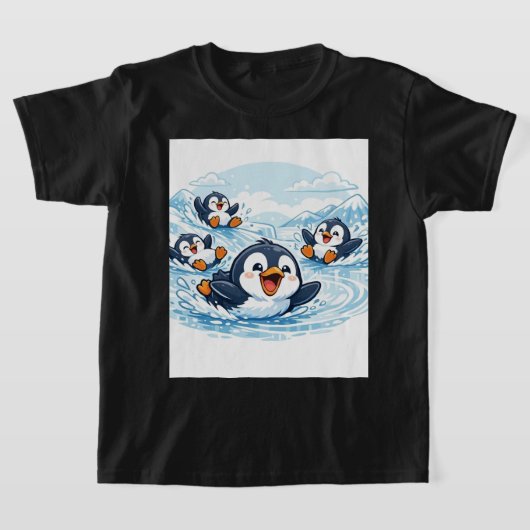 Cool Penguin Slide – 楽しいカートゥーンの冬のグラフィック Tシャツ (レイダウン)