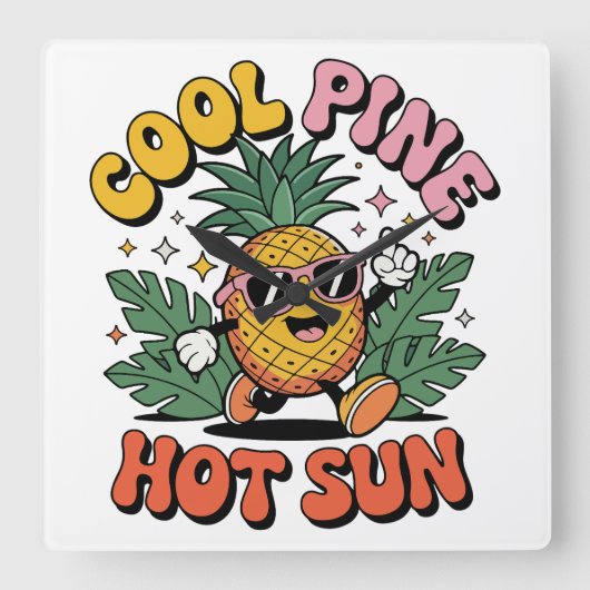 Cool Pine Hot Sun Retro Pineapple Summer Vibes スクエア壁時計 (正面)