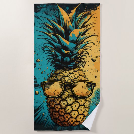 Cool Pineapple with Sunglasses – Summer Pop Art ビーチタオル (正面)