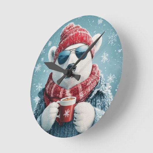 Cool Polar Bear Wall Clock with Hot Cocoa - Fun Wi ラウンド壁時計 (傾斜)
