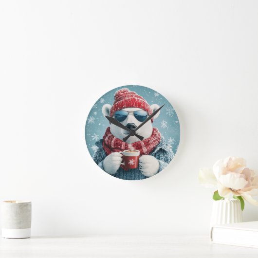 Cool Polar Bear Wall Clock with Hot Cocoa - Fun Wi ラウンド壁時計 (ホーム)