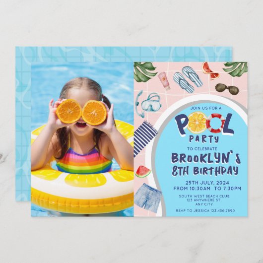 Cool Pool Party Photo Birthday 招待状 (正面/裏面)