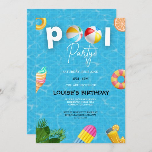 Cool Pool Party | Swimming Birthday 招待状 (正面/裏面)