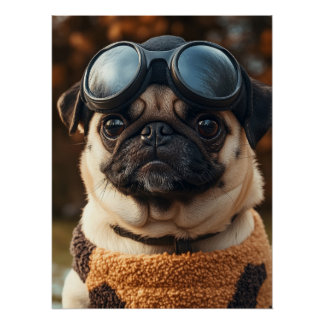 Cool Pug Dog with Aviator Goggles & Cozy Sweater ポスター