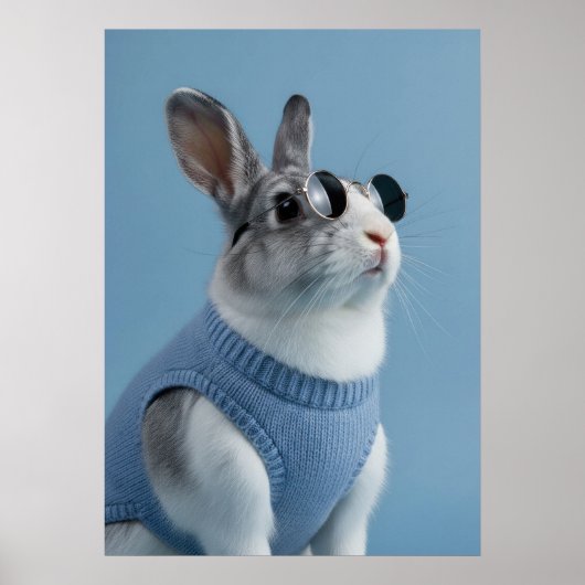 Cool Rabbit in Blue Sweater and Round Sunglasses ポスター (正面)