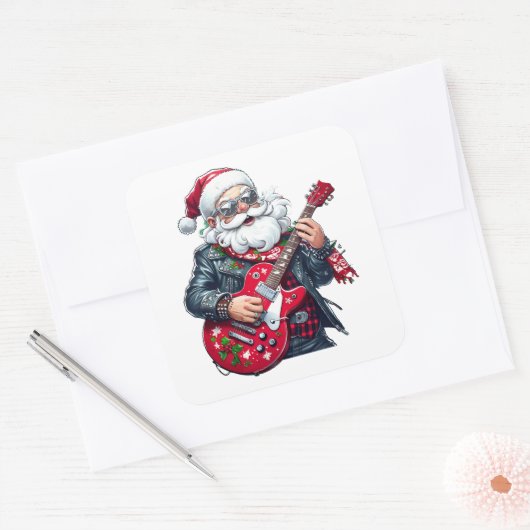 Cool Rocker Santa Playing Red Guitar スクエアシール (封筒)
