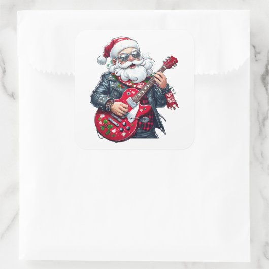 Cool Rocker Santa Playing Red Guitar スクエアシール (バッグ)