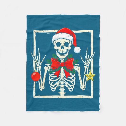 Cool Rocker Skeleton Santa Hat Christmas Punk Rock フリースブランケット (正面)