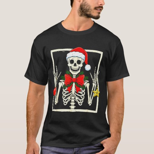 Cool Rocker Skeleton Santa Hat Christmas Punk Rock Tシャツ (正面)