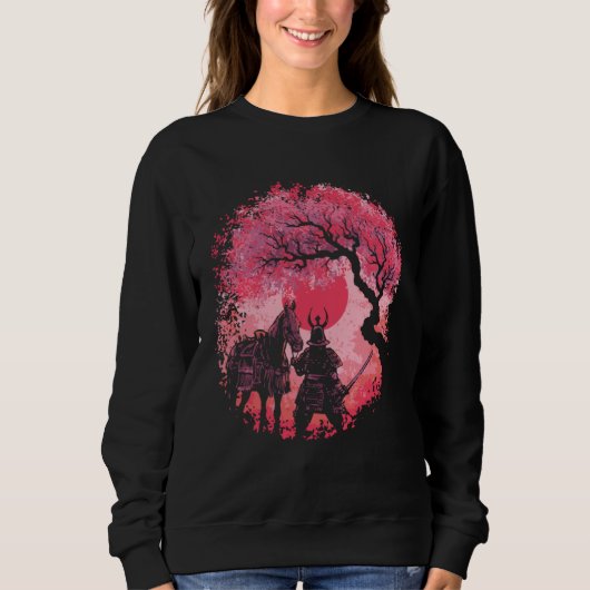 Cool Samurai Moon Cherry Blossom Tree スウェットシャツ (正面)