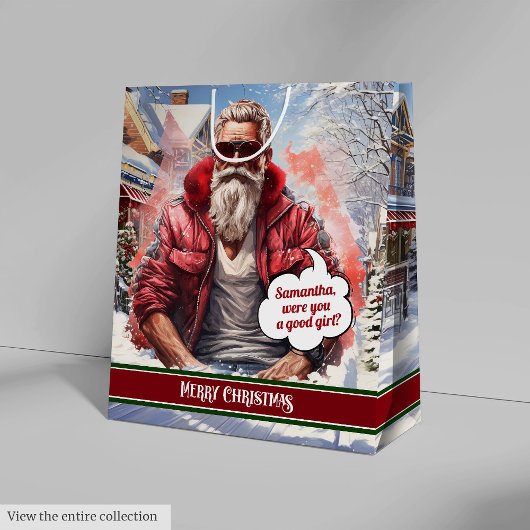 Cool Santa Claus Gift Bag Custom Name Keepsake ミディアムペーパーバッグ