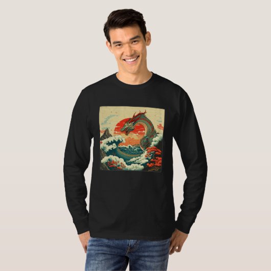 Cool Sea Dragon Illustration Ocean Waves Sunset Wo Tシャツ (正面フル)