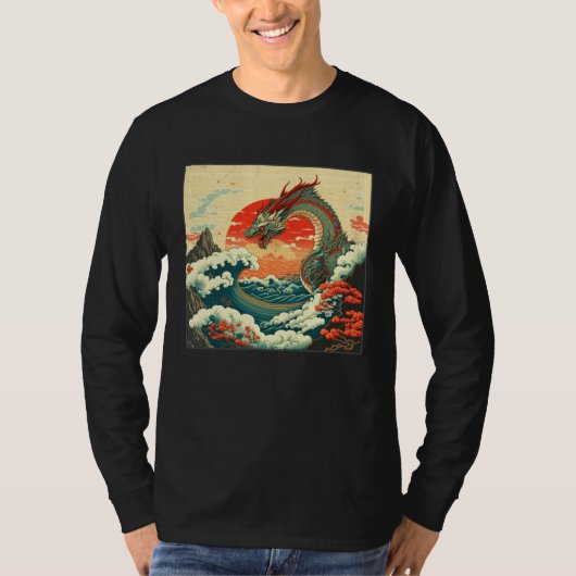 Cool Sea Dragon Illustration Ocean Waves Sunset Wo Tシャツ (正面)