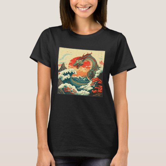 Cool Sea Dragon Illustration Ocean Waves Sunset Wo Tシャツ (正面)