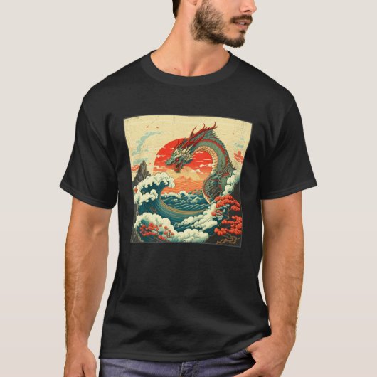 Cool Sea Dragon Illustration Ocean Waves Sunset Wo Tシャツ (正面)