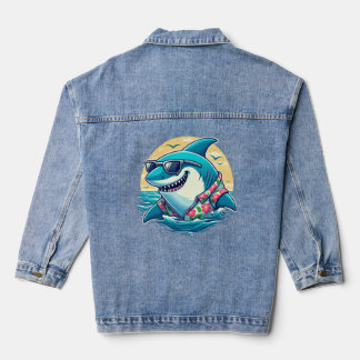 Cool Shark in Hawaiian Shirt - Summer Beach Vibes デニムジャケット