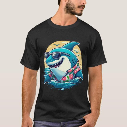 Cool Shark in Hawaiian Shirt - Summer Beach Vibes Tシャツ (正面)