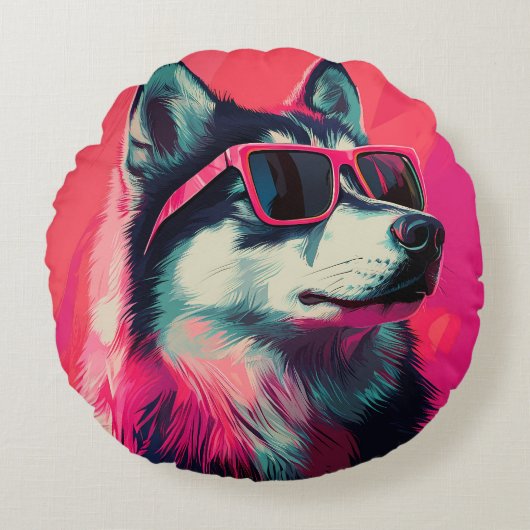Cool Siberian Husky dog with sunglasses ラウンドクッション (正面)