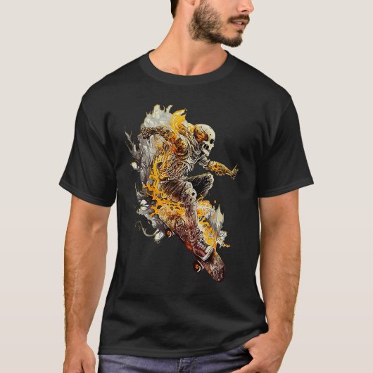 Cool Skateboarding Skeleton with Flames Fun Skateb Tシャツ (正面)